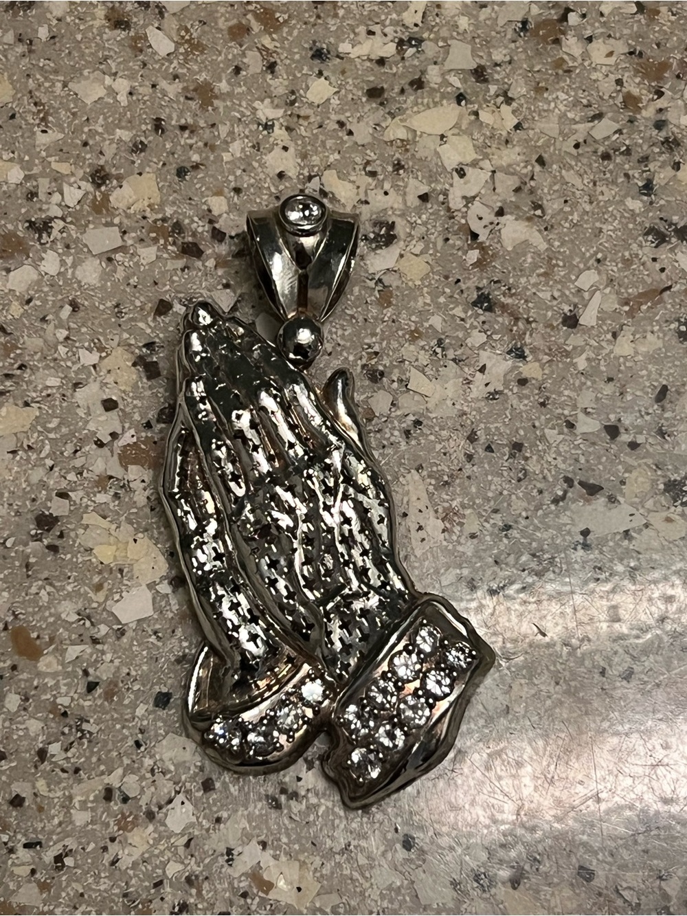 Sterling Silver Praying Hands Pendant with CZ Accents